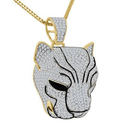 29+ Grams Real Genuine Sterling Silver 14K Gold Finish 4.50 Cwt. Simulated Diamond Enamel Lion Head King Face Pendant Charm + Chain Neckless