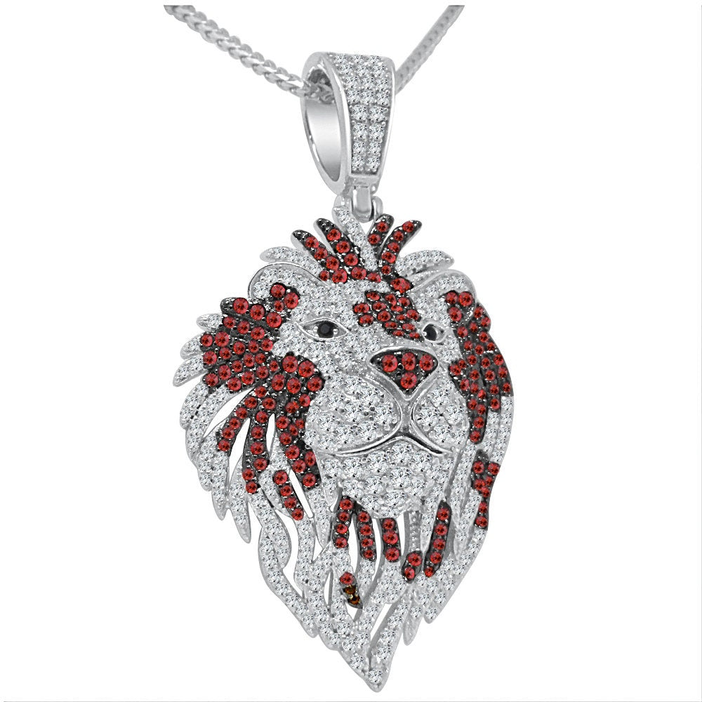 25+ Grams Real Genuine Sterling Silver 2.75 Cwt. Simulated Diamond 14K White Gold Finish Lion Head Men's Charm Pendant Chain Neckless Set