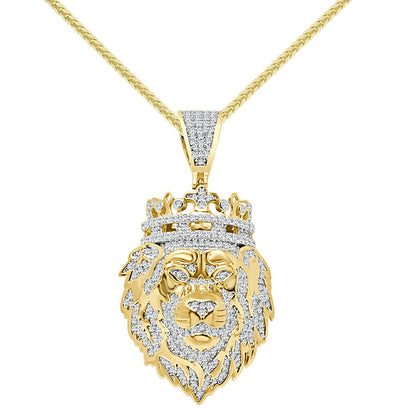 20+ Grams Real Genuine Sterling Silver 2.25 Cwt. Simulated Diamond 14K Gold Over Lion King Head Crown Men's Charm Pendant Chain Neckless Set