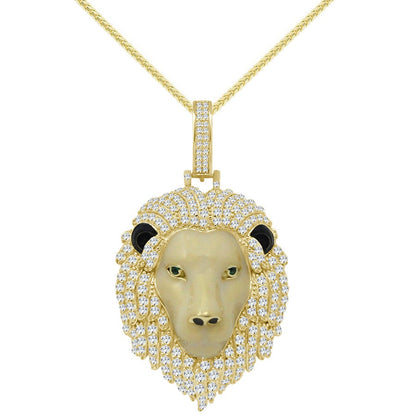 28+ Grams Real Genuine Sterling Silver 3.25 Ct. Simulated Diamond 14K Gold Over Lion King Head Men's Custom Charm Pendant Chain Neckless Set
