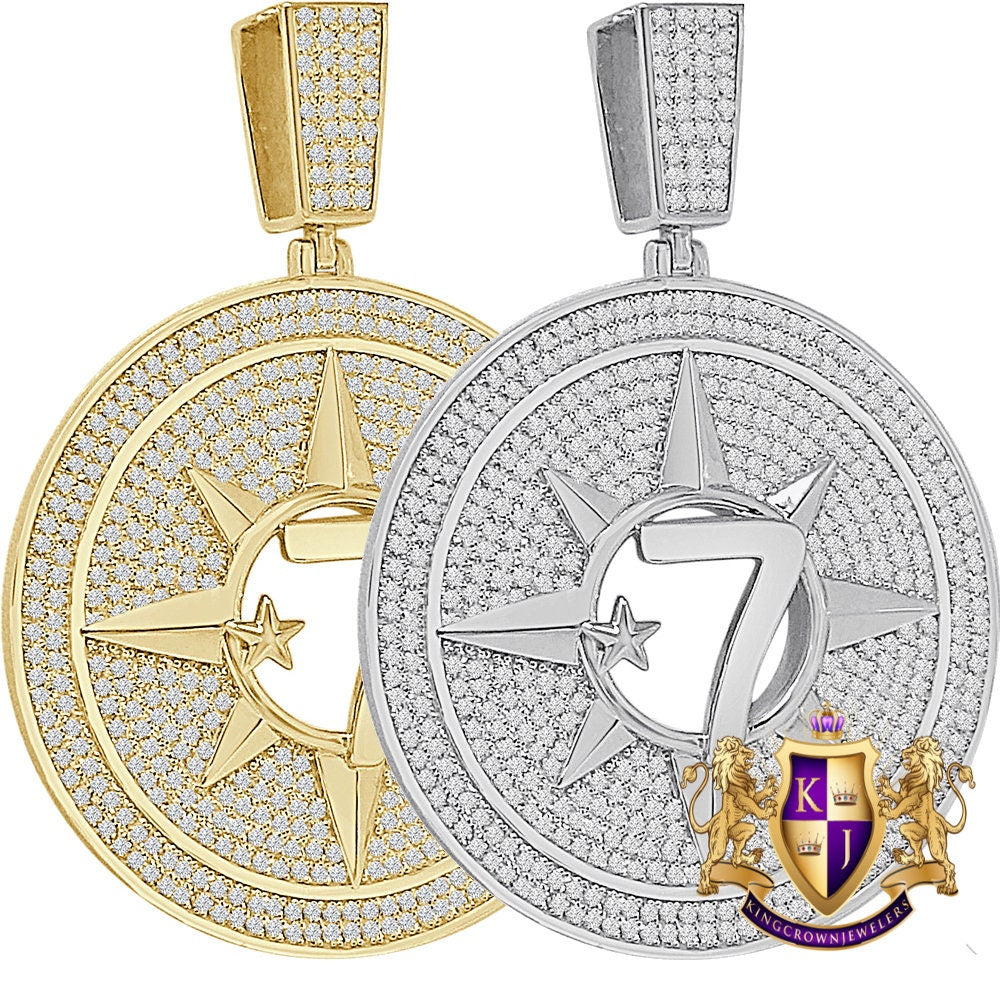42+ Grams Big 3'' Real Sterling Silver 6.75 Cwt. Simulated Diamond Five-Percent Nation Five Percenter Allah Muslim 10K Gold On Charm Pendant