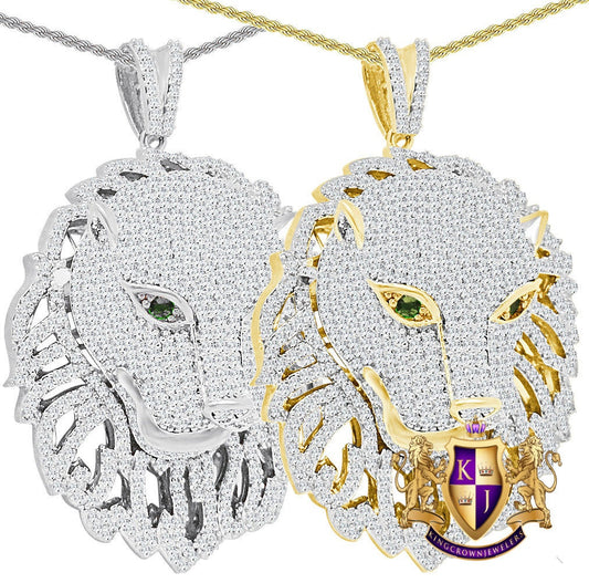 42+ Grams Real Genuine Sterling Silver 3.75 Cwt. Simulated Diamond 14K Gold Finish Emerald Eye Lion Head Men's Charm Pendant Big Bold 2.75''