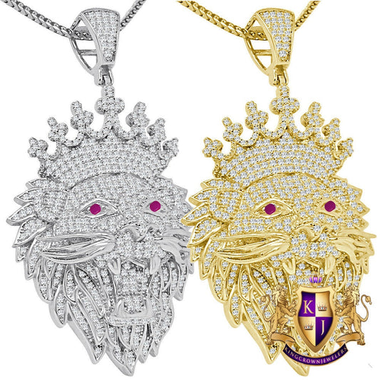 Real Genuine Sterling Silver 14K Gold Over 3.00 Ct. Simulated Diamond Lion King Head Men's Crown Face Charm Pendant Chain Neckless Set 2.5''