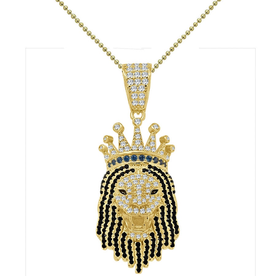 Real Genuine Sterling Silver 1.00 Cwt. Simulated Diamond 14K Gold Finish Lion Head Crown Face Charm Pendant Chain Neckless Set Small  1.85''