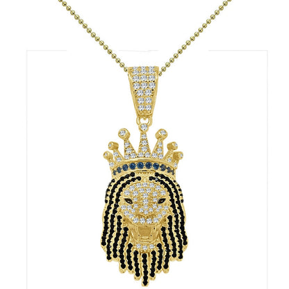 Real Genuine Sterling Silver 1.00 Cwt. Simulated Diamond 14K Gold Finish Lion Head Crown Face Charm Pendant Chain Neckless Set Small  1.85''