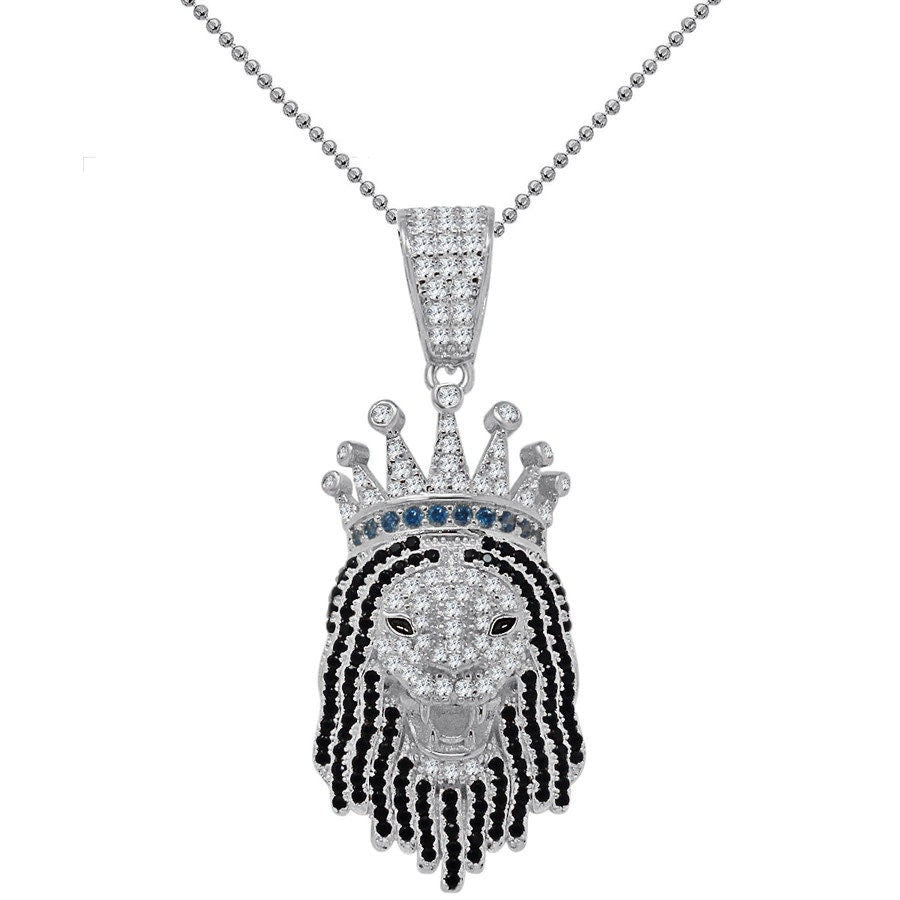 Real Genuine Sterling Silver 1.00 Cwt. Simulated Diamond 14K Gold Finish Lion Head Crown Face Charm Pendant Chain Neckless Set Small  1.85''