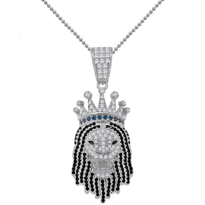 Real Genuine Sterling Silver 1.00 Cwt. Simulated Diamond 14K Gold Finish Lion Head Crown Face Charm Pendant Chain Neckless Set Small  1.85''